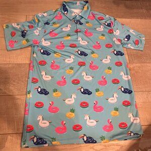 PROUD 90 GOLF IS FUN MENS LARGE DRI FIT POLO UNICORNS AND FLOATIES